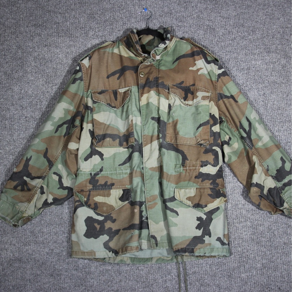 Vintage Camouflage Field Jacket Military‎ Style Coat Woodland Camo Mens M Green